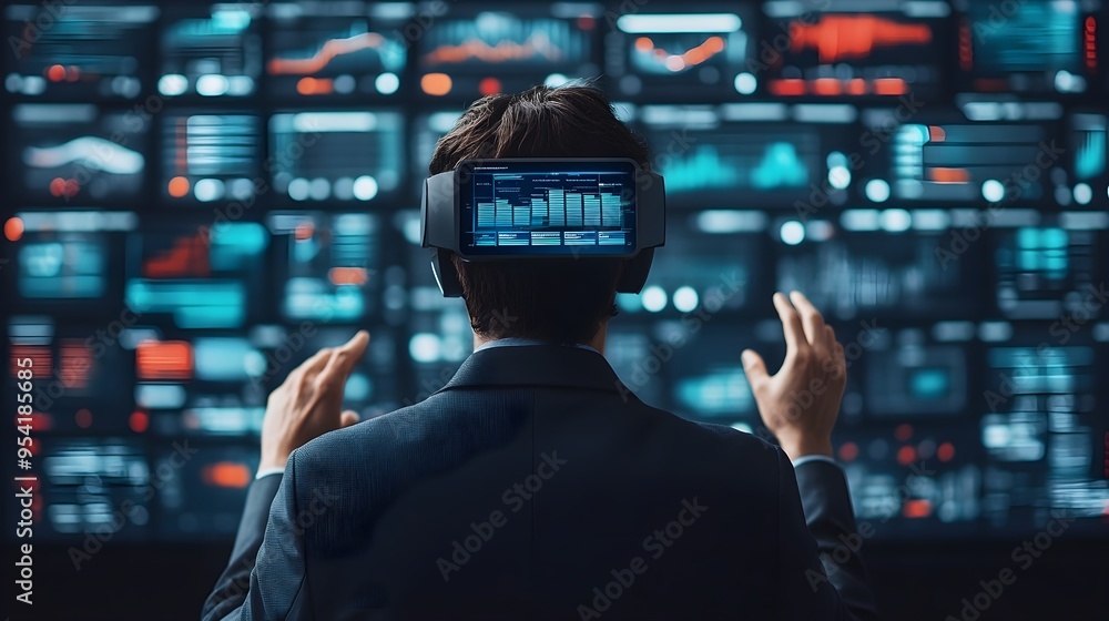 Obraz premium Businessman with VR Headset Interacting with Data Wall