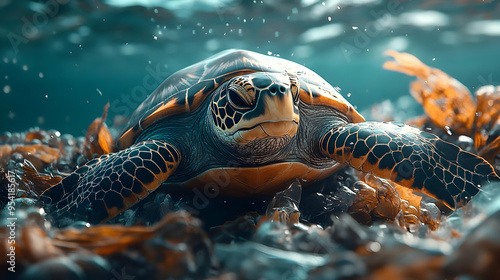 Close-up of a sea turtle wi...