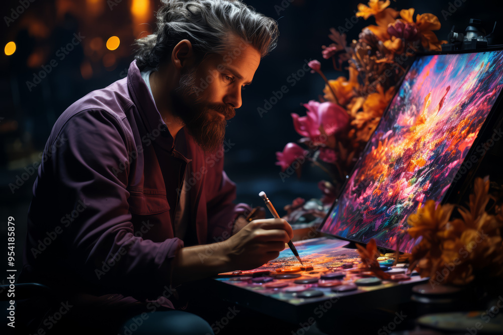 An artist painting a vibrant canvas, lost in the creative process. Concept of artistic expression and emotional release. Generative Ai. An artist painting a vibrant canvas, lost in the creative process. Concept of artistic expression and emotional release. Generative Ai.