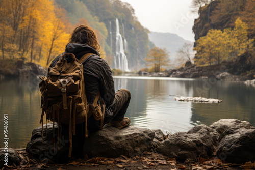 A hiker resting at a serene waterfall, contemplating the beauty of nature. Concept of nature’s impact on inner peace. Generative Ai.