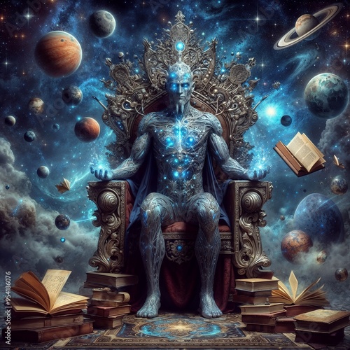 The demiurge sits on the throne. Sci-Fi man. At his foot on the carpet lie down many books. Clouds and planets around him. Generative AI photo