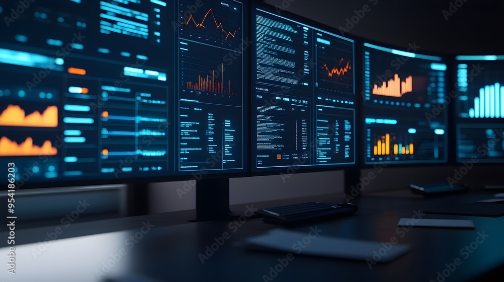 Data Analysis & Charts on Multiple Monitors in Dark Office Data Analysis & Charts on Multiple Monitors in Dark Office