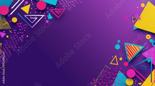 Colorful geometric shapes on a vibrant purple background for design purposes.