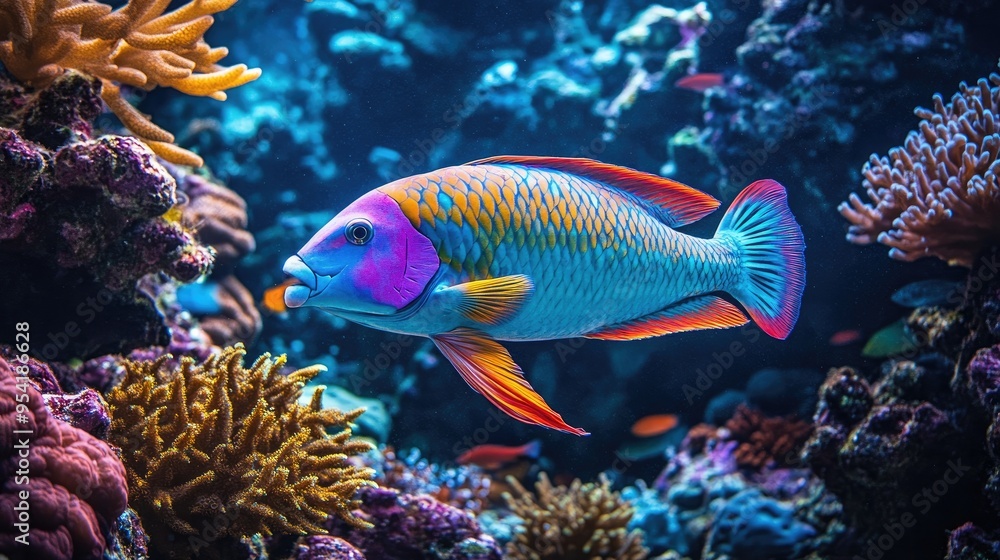 A vibrant parrotfish swimming among coral, with its bright colors standing out in the tropical underwater scene A vibrant parrotfish swimming among coral, with its bright colors standing out in the tropical underwater scene