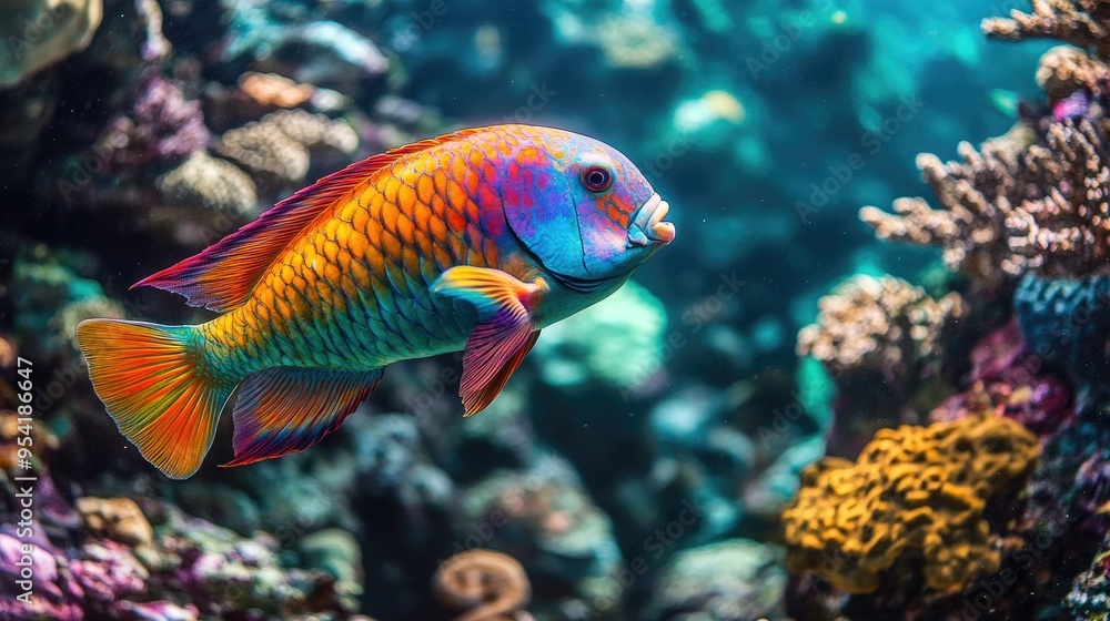 A vibrant parrotfish swimming among coral, with its bright colors standing out in the tropical underwater scene A vibrant parrotfish swimming among coral, with its bright colors standing out in the tropical underwater scene