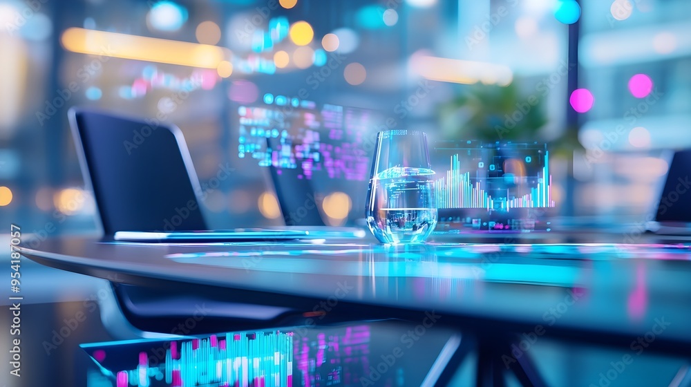 Digital Data and Glass of Water on a Table