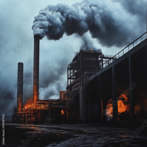 Industrial factory with smoke stacks emitting thick smoke against a cloudy sky, showcasing heavy industry and pollution. photo