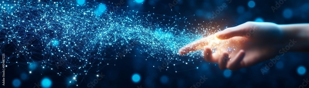A hand reaching out, creating a magical spark of light and energy in a dreamy, blue background filled with glowing particles. A hand reaching out, creating a magical spark of light and energy in a dreamy, blue background filled with glowing particles.
