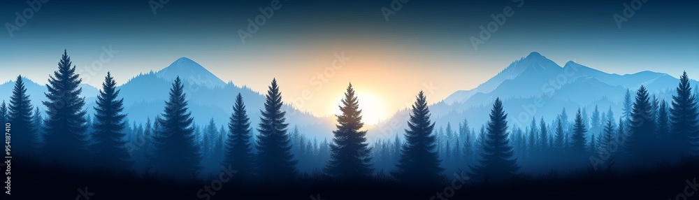 A serene mountain landscape at dawn, with silhouetted trees and a soft blue gradient skyline, evoking tranquility and peace. A serene mountain landscape at dawn, with silhouetted trees and a soft blue gradient skyline, evoking tranquility and peace.