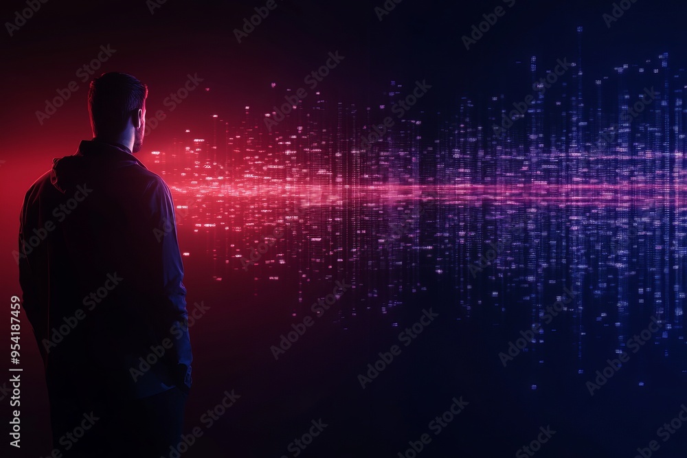A silhouette of a person surrounded by vibrant digital waves in red and blue, symbolizing technology and innovation. A silhouette of a person surrounded by vibrant digital waves in red and blue, symbolizing technology and innovation.