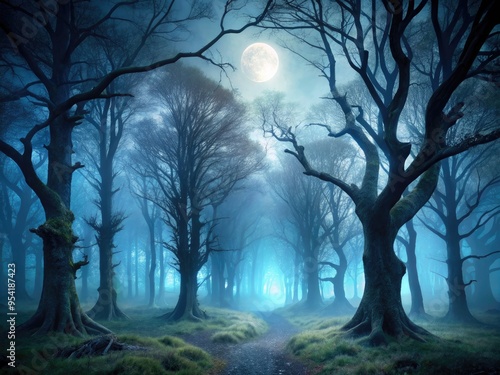 Moody, misty forest landscape with dark, twisted trees looming in the background, illuminated only by faint, ethereal moonlight, evoking a sense of mysterious melancholy. photo