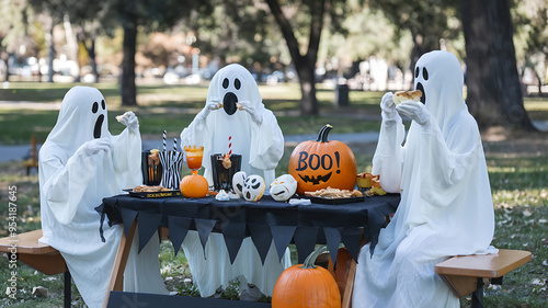 Three white ghosts enjoying a spooky Halloween picnic with orange pumpkins and black decorations. 
