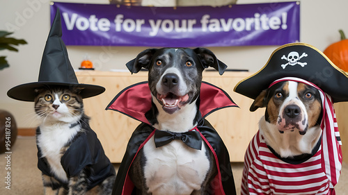 Cute Halloween pets in costumes for a fun and festive celebration. 

