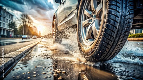 Muddy tire tread spatter on a wet asphalt road, with blurred motion effect, creating a dynamic and messy photo