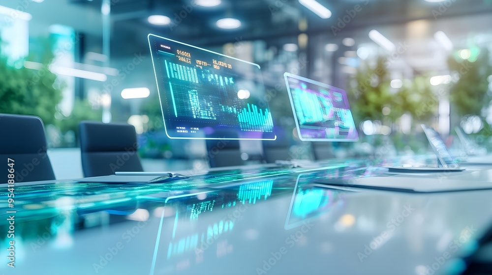 Futuristic Business Meeting with Holographic Data Displays Futuristic Business Meeting with Holographic Data Displays