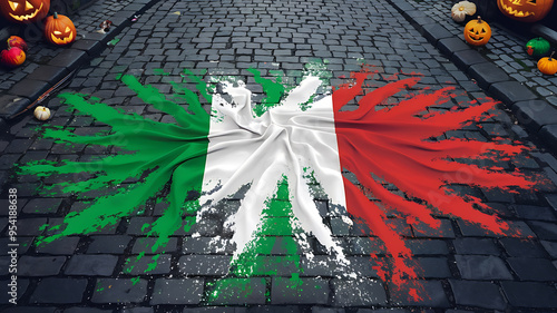 A dramatic Italian flag painted on cobblestone street with green, white, and red colors, perfect for Halloween or celebrating Italian culture. 
