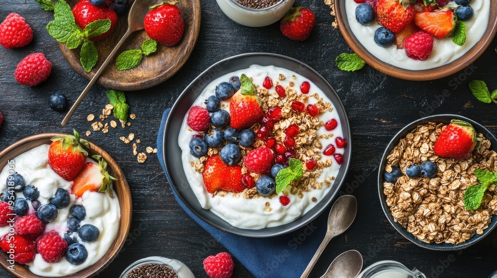 Healthy breakfast spread with fruits, yogurt, and granola, representing balanced nutrition and a fresh start to the day Healthy breakfast spread with fruits, yogurt, and granola, representing balanced nutrition and a fresh start to the day