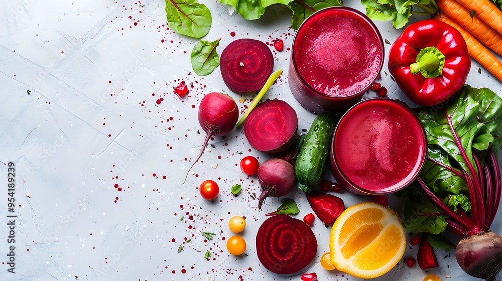 Fresh beetroot juice in a glass and fresh beetroots on a concrete background Fresh beetroot juice in a glass and fresh beetroots on a concrete background