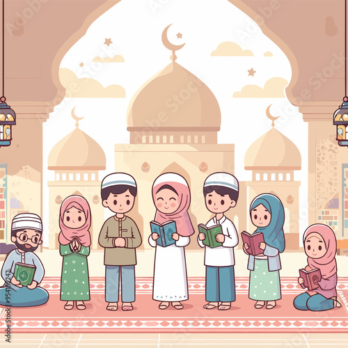 A group of children are sitting on a rug and reading books. The scene is set in a mosque, with a large dome above them. The children are dressed in traditional Muslim clothing