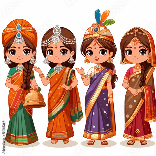 Four young girls dressed in traditional Indian clothing, each with a different colored sari. The girls are smiling and seem to be posing for a picture