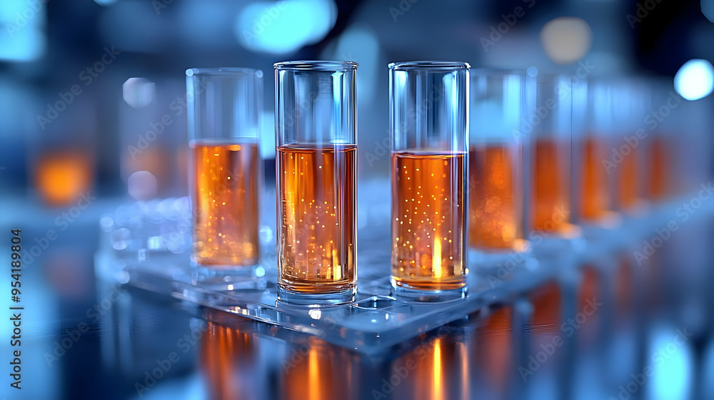 Close-up of clear glass test tubes filled with amber liquid, arranged in a row, on a reflective surface in a laboratory setting. Close-up of clear glass test tubes filled with amber liquid, arranged in a row, on a reflective surface in a laboratory setting.