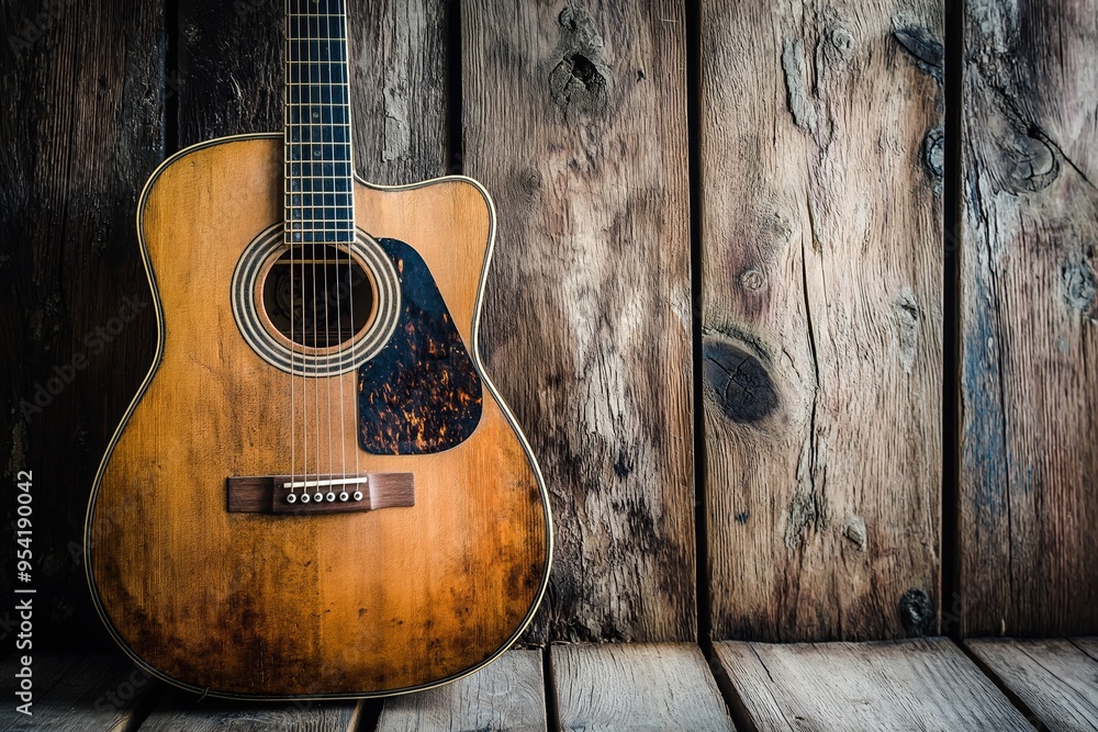 Fototapeta premium A rustic acoustic guitar with worn wood texture stands against a rough wooden wall, creating a vintage feel.