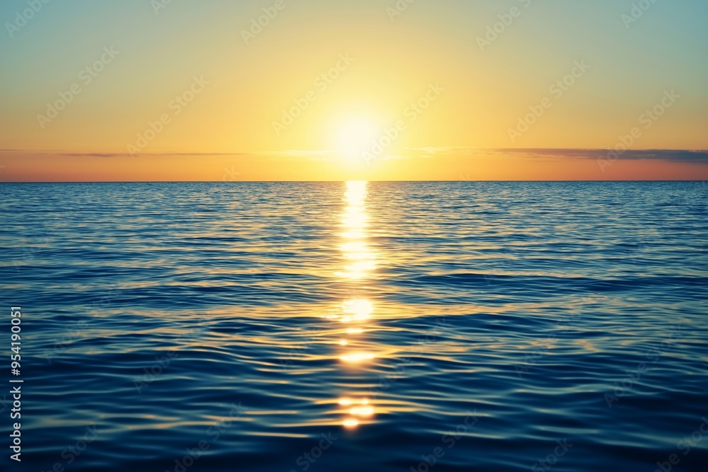 Obraz premium A breathtaking sunrise over a serene ocean with sparkling water reflections under a clear sky.