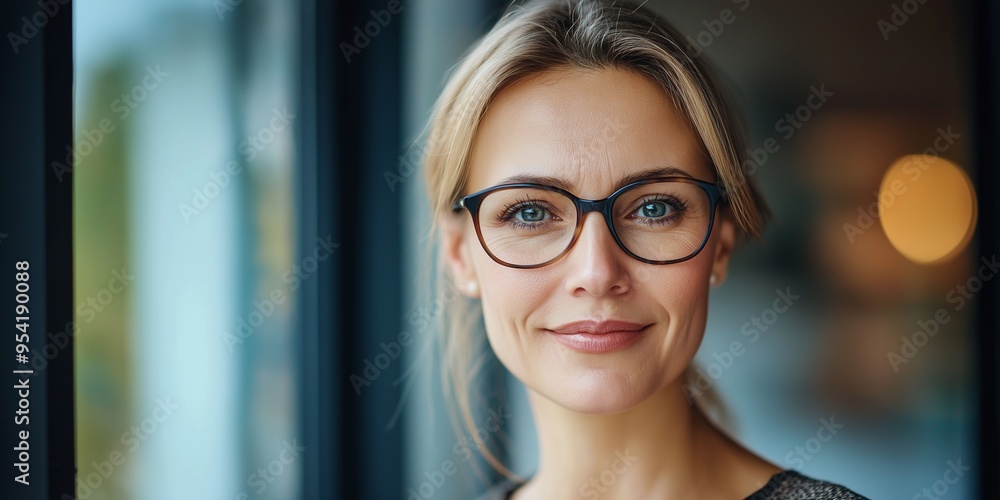 A professional woman with an air of confidence and grace, smiling warmly and wearing stylish eyeglasses indoors. A professional woman with an air of confidence and grace, smiling warmly and wearing stylish eyeglasses indoors.