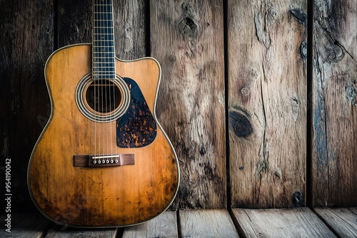 A rustic acoustic guitar with worn wood texture stands against a rough wooden wall, creating a vintage feel. photo