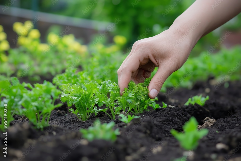 A hand delicately picks fresh herbs from a well-maintained garden bed with lush greenery all around. A hand delicately picks fresh herbs from a well-maintained garden bed with lush greenery all around.