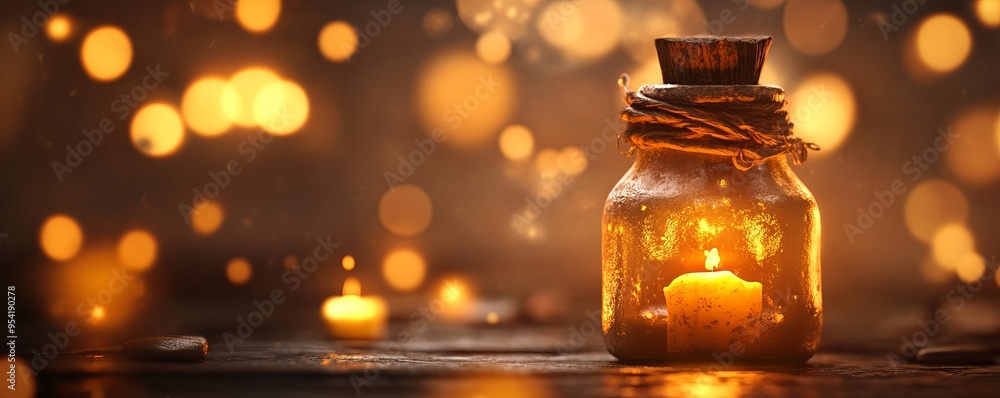 A glowing candle inside a rustic jar surrounded by warm bokeh lights, creating a cozy and inviting atmosphere. A glowing candle inside a rustic jar surrounded by warm bokeh lights, creating a cozy and inviting atmosphere.
