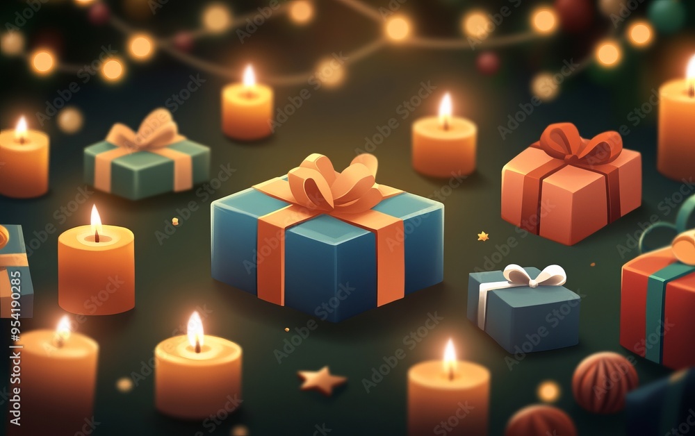 A festive arrangement of colorful gifts and candles, creating a warm, inviting atmosphere perfect for celebrations. A festive arrangement of colorful gifts and candles, creating a warm, inviting atmosphere perfect for celebrations.