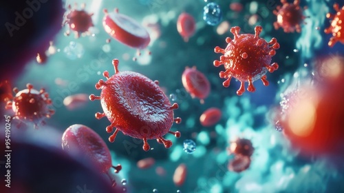 3D illustration of eosinophils circulating in the bloodstream, highlighting their presence in the immune system photo