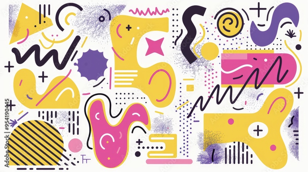 Fototapeta premium Abstract composition featuring vibrant shapes and patterns in pink, yellow, and purple.