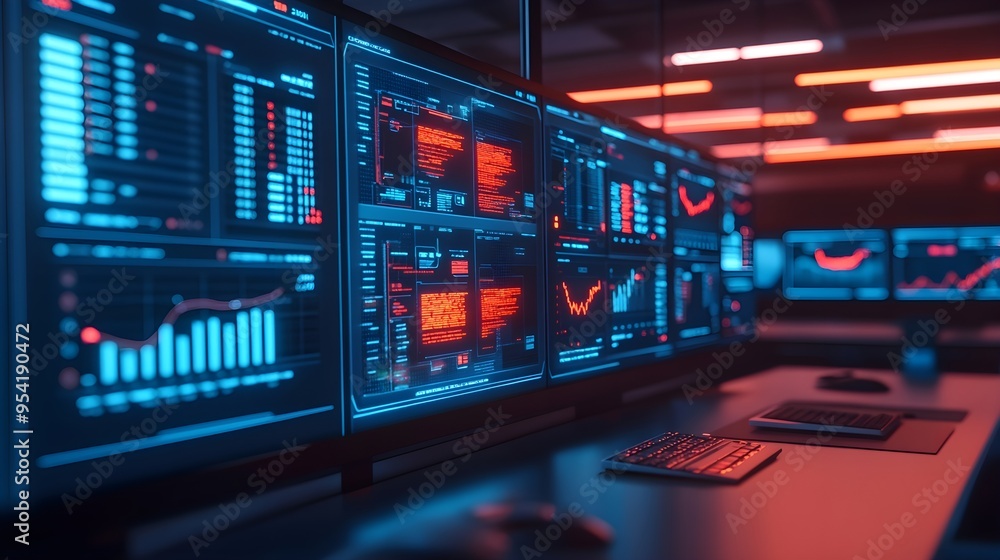 Futuristic Data Analysis Monitors in Dark Room Futuristic Data Analysis Monitors in Dark Room