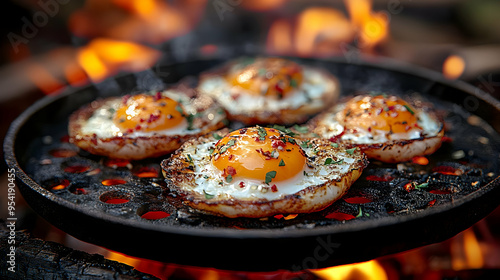 Closeup of four fried eggs ...