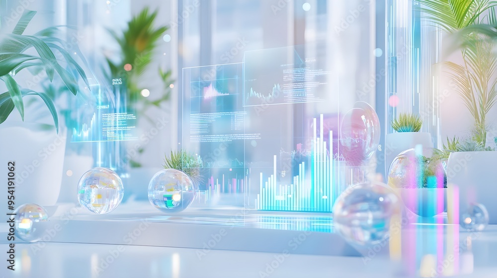 Futuristic Data Visualization with Glass Spheres and Plants
