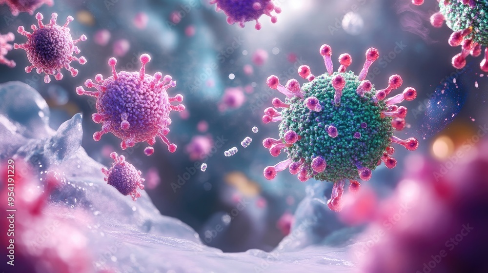Eosinophils interacting with IgE antibodies during an allergic response, demonstrating their role in hypersensitivity Eosinophils interacting with IgE antibodies during an allergic response, demonstrating their role in hypersensitivity