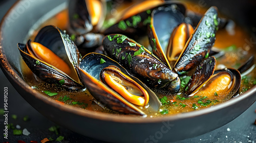 Close-up of mussels in a bowl with broth, parsley, and spices. photo