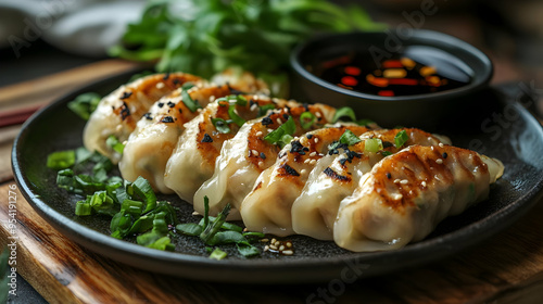 Close-up of pan-fried dumpl...