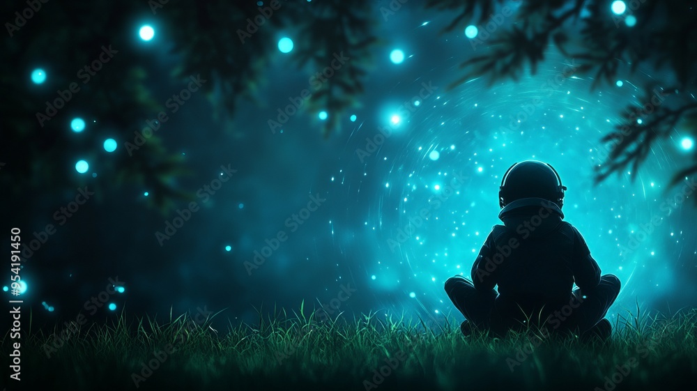 A child gazes in wonder at a mystical blue light, surrounded by nature, evoking a sense of magic and imagination. A child gazes in wonder at a mystical blue light, surrounded by nature, evoking a sense of magic and imagination.