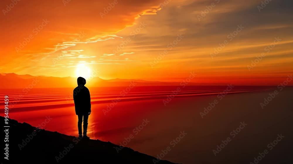 Silhouette of person watching sunset over the ocean, serene landscape. Peace and tranquility concept Silhouette of person watching sunset over the ocean, serene landscape. Peace and tranquility concept