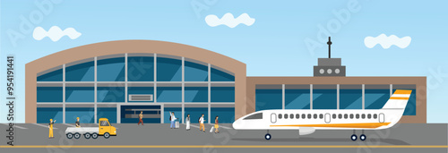 Airplane on airport. People walk to airplane. People in airport. Airplane illustration. Airplane go to take off. Passenger plane want to flight.