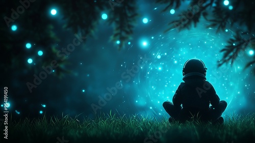 A child gazes in wonder at a mystical blue light, surrounded by nature, evoking a sense of magic and imagination.