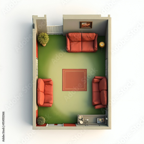 A minimalist floor plan stretches out before you, capturing the essence of a cozy living room with plush couchs and plush red couches. The plan features a bold green lawn with a red trim and a white p photo