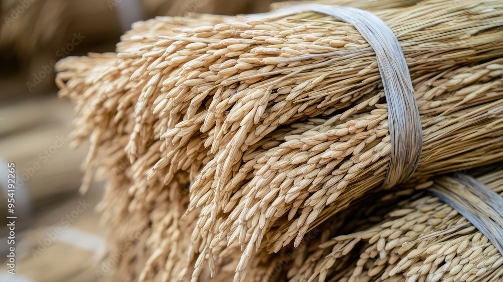 Close-up of a bundle of rice ears tied together with straw, representing the age-old practices of rice farming Close-up of a bundle of rice ears tied together with straw, representing the age-old practices of rice farming