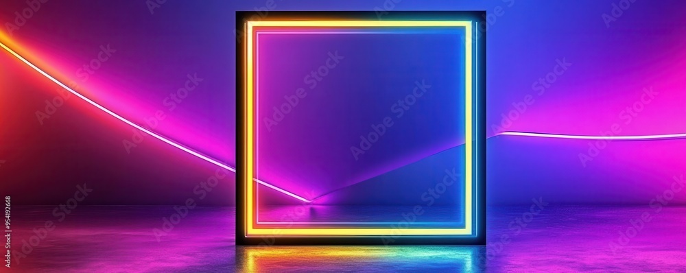 Fototapeta premium Matte black frame with a glowing neon grid inside, minimalist, futuristic style, vibrant colors, sharp edges