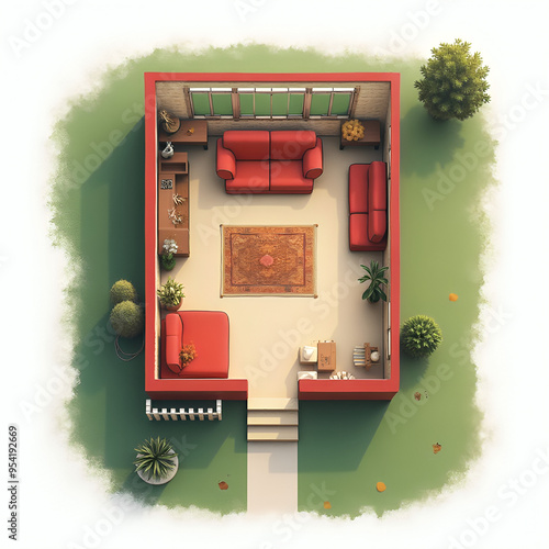 A minimalist floor plan stretches out before you, capturing the essence of a cozy living room with plush couchs and plush red couches. The plan features a bold green lawn with a red trim and a white p photo