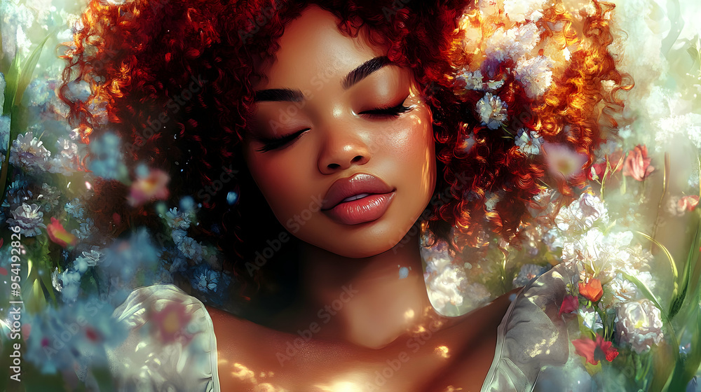 Close-up portrait of a beautiful woman with curly red hair, eyes closed, lying in a field of flowers. Close-up portrait of a beautiful woman with curly red hair, eyes closed, lying in a field of flowers.