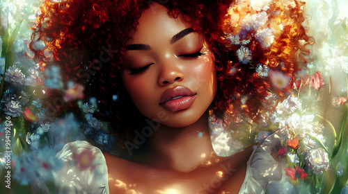 Close-up portrait of a beautiful woman with curly red hair, eyes closed, lying in a field of flowers.